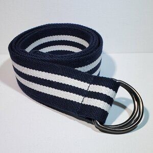 D-RING WOVEN BELT..NAVY BLUE WITH WHITE STRIPES..OVER ALL LENGTH 48 INCHES..NWOT